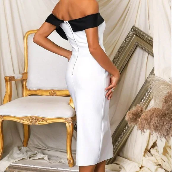 Two Tone Off Shoulder Bow Front Split Thigh Bandage midi Dress - Picture 2 of 4